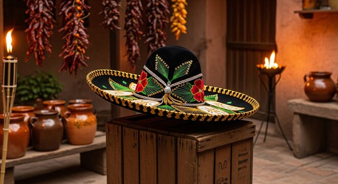Sombrero charro mexicano bordado sobre caja de madera, decoraci&oacute;n tradicional para Cinco de Mayo, ambiente r&uacute;stico con chiles y vasijas de barro, cultura y fiesta de M&eacute;xico.