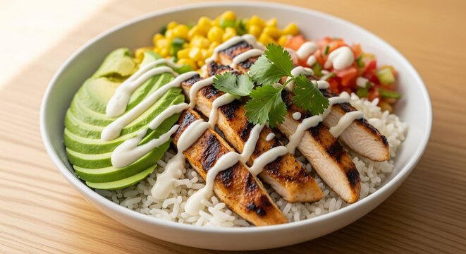 Bowl de pollo a la parrilla con aguacate, arroz blanco, ma&iacute;z y pico de gallo. Comida mexicana fresca y saludable ideal para celebraciones de Cinco de Mayo y almuerzos nutritivos.