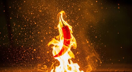 Chile rojo picante ardiendo en llamas intensas con chispas doradas, sabor mexicano extremo para Cinco de Mayo, ingrediente culinario ardiente y fondo dramático de fuego.