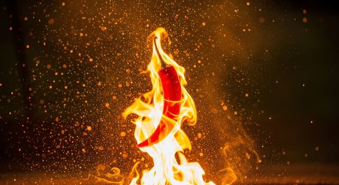 Chile rojo picante ardiendo en llamas intensas con chispas doradas, sabor mexicano extremo para Cinco de Mayo, ingrediente culinario ardiente y fondo dram&aacute;tico de fuego.