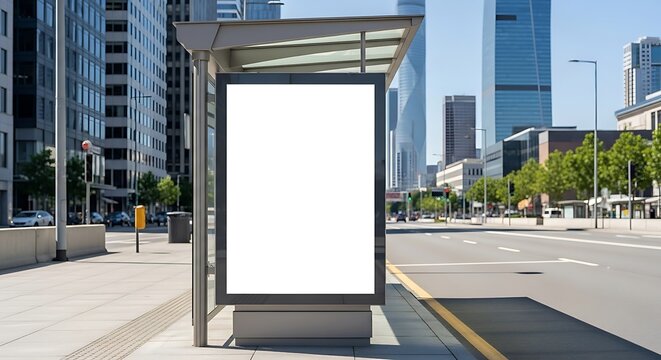 Blank advertising signboard at bus stop on urban street, modern city background in daylight, clean composition for marketing and promotion concept