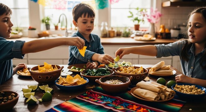 Ni&ntilde;os celebrando Cinco de Mayo comiendo comida mexicana, tamales y totopos en una mesa festiva, ambiente familiar alegre, cultura de M&eacute;xico, gastronom&iacute;a tradicional, convivencia.