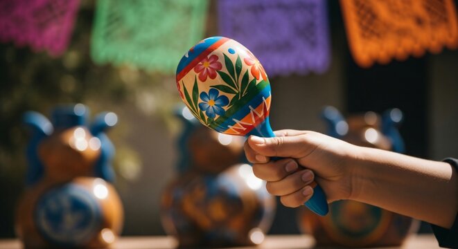 Mano sosteniendo una maraca pintada a mano en celebraci&oacute;n de Cinco de Mayo, ambiente festivo con papel picado colorido y artesan&iacute;as mexicanas, tradici&oacute;n y cultura de M&eacute;xico.