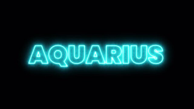 electric neon aquarius zodiac sign text animation glowing cyan blue light on black background, 4k video