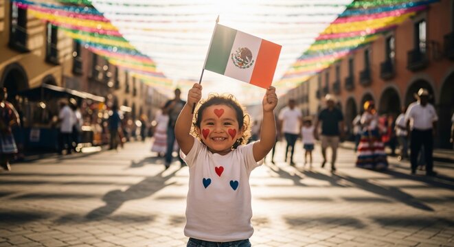 Ni&ntilde;a peque&ntilde;a sosteniendo bandera de M&eacute;xico con orgullo en calle decorada, festividad del Cinco de Mayo, rostro pintado con corazones, cultura mexicana y celebraci&oacute;n infantil.