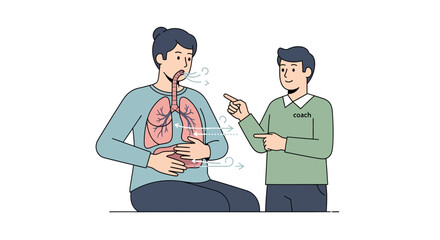 Fototapeta premium Coach teaching deep breathing exercise to patient showing lung and diaphragm movement