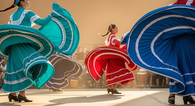 Bailarinas de ballet folkl&oacute;rico mexicano girando con vestidos coloridos, celebraci&oacute;n del Cinco de Mayo, danza tradicional, cultura de M&eacute;xico, trajes t&iacute;picos en festival cultural.