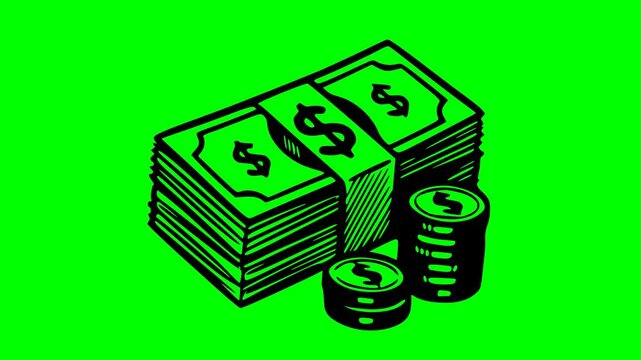 Minimalist hand drawn animation of a cash stack and coins with black fill on a green screen chroma key background for easy video editing and financial compositions
