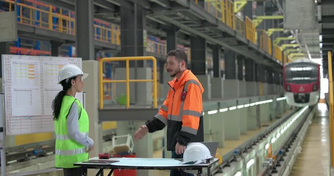 Rail engineers engaged in a planning and review session, focusing on a board displaying schedules, maintenance plans, and performance data of the rail systems. Ensuring efficient rail operations.