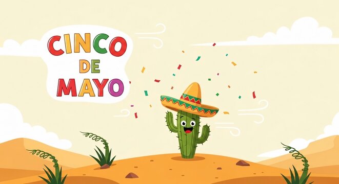 Cactus alegre con sombrero celebrando el Cinco de Mayo en el desierto con confeti, ilustraci&oacute;n festiva de cultura mexicana, dise&ntilde;o gr&aacute;fico para promociones y eventos culturales.