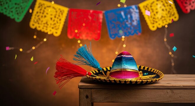 Sombrero mexicano con borlas sobre mesa de madera, decoraci&oacute;n festiva de papel picado y confeti, ambiente de fiesta para Cinco de Mayo, cultura mexicana tradicional y colorida.
