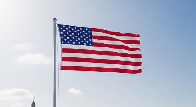 Bandera de Estados Unidos ondeando con orgullo bajo un cielo azul despejado, s&iacute;mbolo nacional de patriotismo, libertad y democracia para celebraciones y eventos oficiales en EE