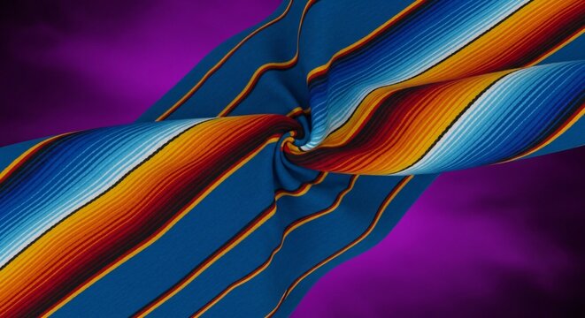 Sarape mexicano azul con dise&ntilde;o de rayas coloridas retorcidas, fondo festivo morado, textura textil tradicional para Cinco de Mayo, celebraci&oacute;n de herencia y cultura mexicana.