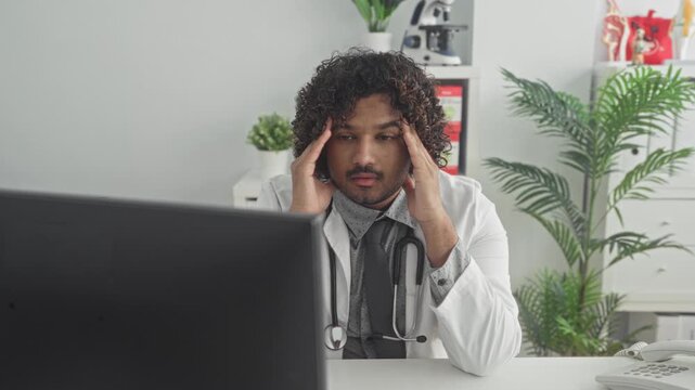 Man indian doctor with stethoscope rubbing his eyes at a cluttered desk in building by a computer monitor and potted plant; fatigue concentration.