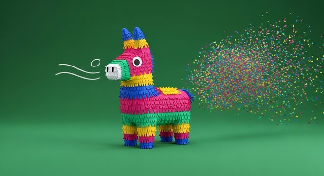 Pi&ntilde;ata de burro festiva expulsando confeti colorido, concepto humor&iacute;stico para Cinco de Mayo y fiestas mexicanas, dise&ntilde;o minimalista en 3D sobre fondo verde vibrante.