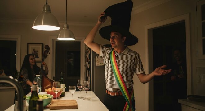 Hombre celebrando Cinco de Mayo con sombrero gigante y banda de colores, fiesta animada con m&uacute;sica en vivo, contrabajo y vino, ambiente festivo en casa, alegr&iacute;a y diversi&oacute;n.