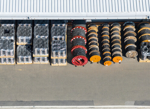 Organized Outdoor Storage of Cable Reels and Coils at Factory