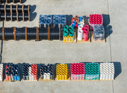 Aerial View of Colorful Industrial Cable Reel Storage