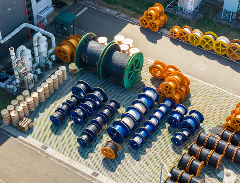 Aerial View of Cable Factory Yard with Power Spools