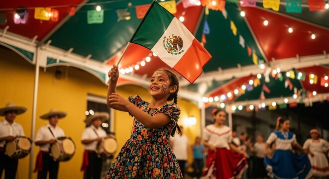 Ni&ntilde;a ondeando la bandera de M&eacute;xico en celebraci&oacute;n festiva, Cinco de Mayo, ambiente alegre con mariachis y decoraciones tradicionales, cultura mexicana vibrante y orgullo nacional.
