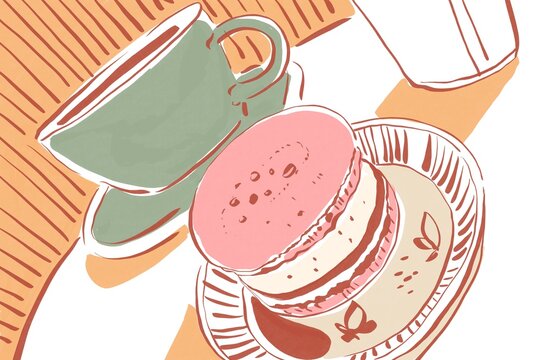 Coffee Cup and Macarons on White Table Illustration