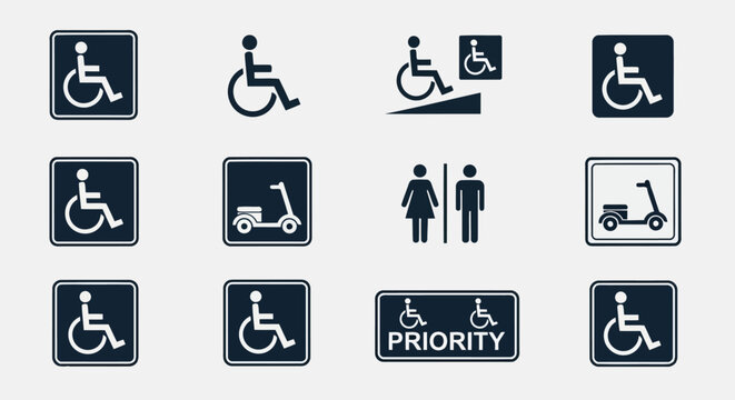 Set of wheelchair and mobility scooter icons for accessibility and priority seating signs