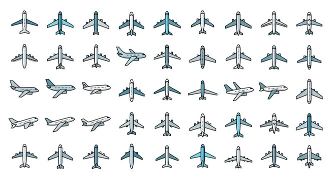 Set of airplane icons, top view and side view of aircrafts, collection of travel and aviation symbols