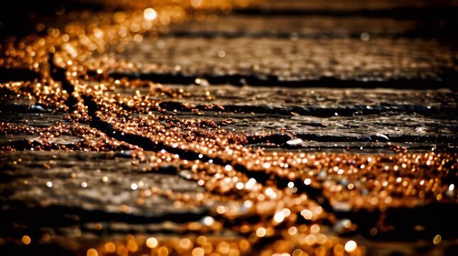 Abstract close-up of wet rocks and pebbles reflecting golden sunlight creating a shimmering textured surface with a moody atmospheric feel perfect for backgrounds