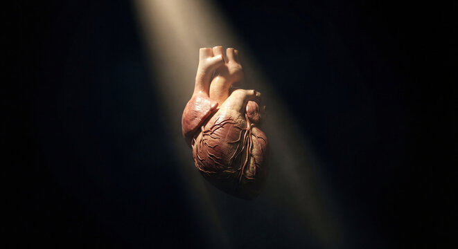 Dramatic Illumination of a Realistic Human Heart Floating in Darkness, Symbolizing Life, Emotion, and the Fragile Human Condition