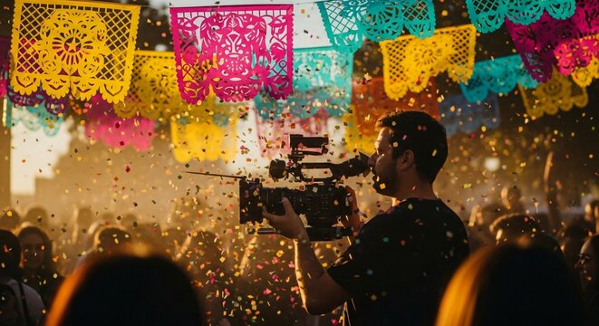 Vide&oacute;grafo capturando celebraci&oacute;n del Cinco de Mayo con papel picado, confeti y multitud, festival cultural mexicano, cinematograf&iacute;a profesional bajo luz dorada y ambiente festivo.