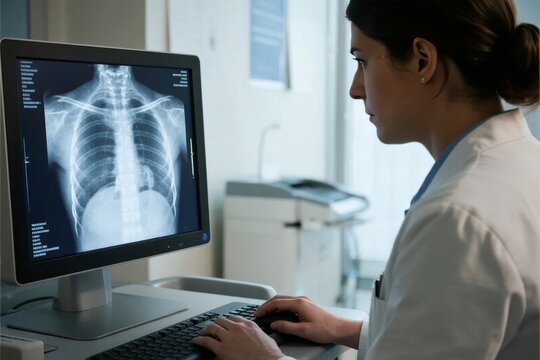 Medical professional reviewing chest X-ray on computer monitor in clinical setting