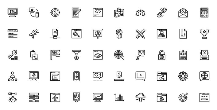 SEO and online marketing icon set. Vector symbols for online store, search engine, analytics, social media, security, and more. Editable stroke.