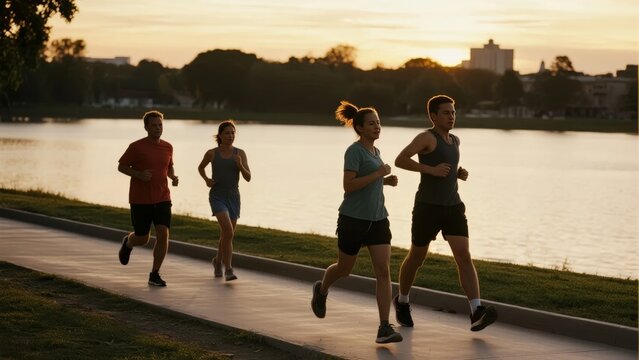 Group of people jogging along a lakeside path at sunset