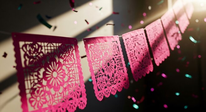 Banderines de papel picado rosa colgando con confeti festivo y luz solar c&aacute;lida para celebraci&oacute;n de Cinco de Mayo, decoraci&oacute;n tradicional mexicana, ambiente alegre de fiesta.