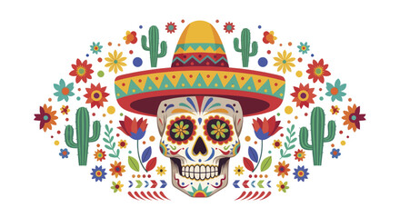 Fototapeta premium Vibrant Sugar Skull with Sombrero and Floral Decorations.