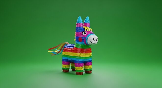 Pi&ntilde;ata de burro colorida sobre fondo verde, decoraci&oacute;n festiva para el Cinco de Mayo, celebraci&oacute;n tradicional mexicana, juguete artesanal vibrante de fiesta, concepto de alegr&iacute;a.