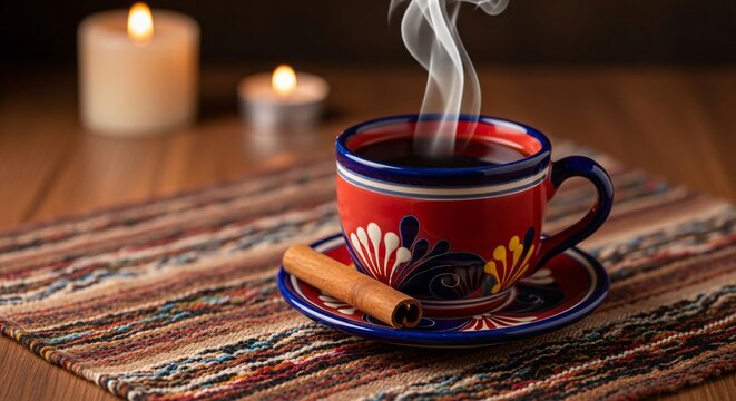 Caf&eacute; de olla mexicano humeante en taza de talavera artesanal con rama de canela sobre mantel t&iacute;pico, ambiente c&aacute;lido con velas para celebraci&oacute;n de Cinco de Mayo y herencia latina.