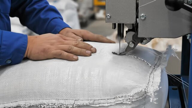 Worker hands using an industrial sewing machine to stitch closed a large white woven sack in a manufacturing facility