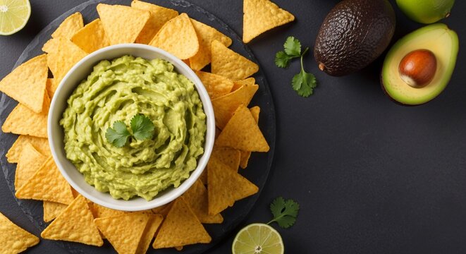 Guacamole cremoso en bol blanco con nachos crujientes, aguacates frescos, lima y cilantro sobre fondo oscuro. Aperitivo mexicano tradicional para fiesta de Cinco de Mayo y snacks.