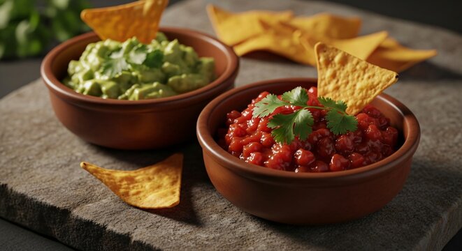 Guacamole cremoso y salsa roja picante en cuencos de barro con totopos crujientes, aperitivo mexicano tradicional para celebraciones de Cinco de Mayo sobre fondo de piedra r&uacute;stica.
