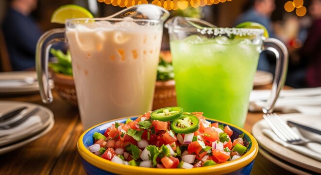 Pico de gallo fresco con jarras de horchata y margarita verde en restaurante mexicano, celebraci&oacute;n festiva de Cinco de Mayo, comida mexicana aut&eacute;ntica y c&oacute;cteles tradicionales.