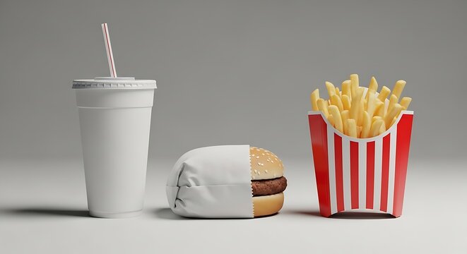 Fast food meal set with a soda cup hamburger and french fries on a grey background. fountain cup