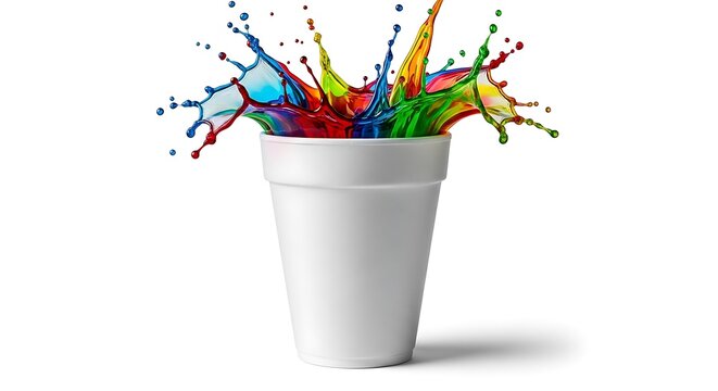 Vibrant multicolored paint splashes erupting from a plain white paper cup on a white background. polystyrene cupu