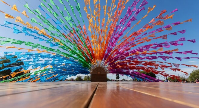 Abanico gigante de papel picado mexicano multicolor sobre tarima de madera, decoraci&oacute;n vibrante para celebraci&oacute;n del Cinco de Mayo, arte festivo tradicional y cultura de M&eacute;xico.