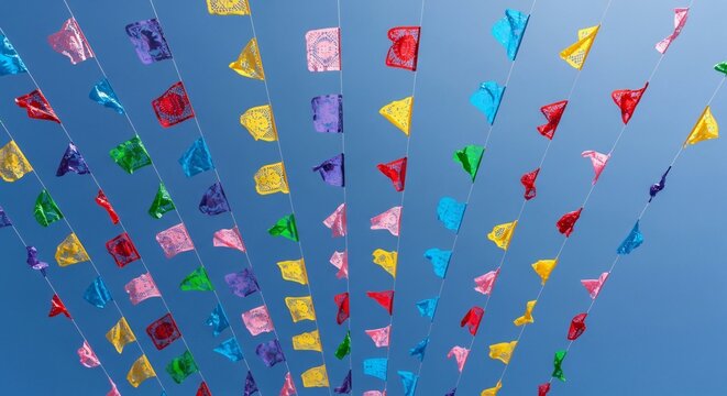 Papel picado tradicional mexicano ondeando bajo el cielo azul, banderines festivos de colores para celebraci&oacute;n de Cinco de Mayo, cultura mexicana, fiesta t&iacute;pica