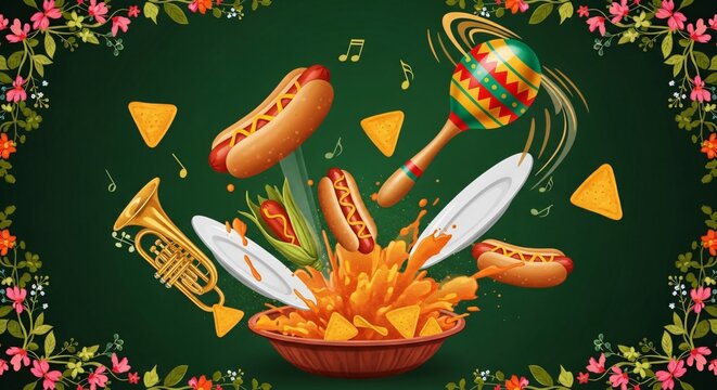 Fiesta mexicana de Cinco de Mayo con explosi&oacute;n de nachos, hot dogs, maraca y trompeta sobre fondo verde oscuro con flores decorativas y notas musicales vibrantes de celebraci&oacute;n.
