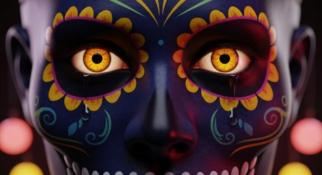 Rostro de Catrina con maquillaje art&iacute;stico de calavera de az&uacute;car, ojos amarillos vibrantes llorando, est&eacute;tica m&iacute;stica mexicana para D&iacute;a de los Muertos y festividad de Cinco de