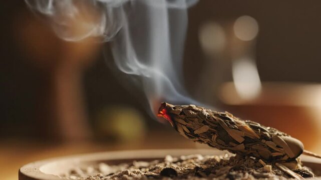 Burning a sage smudge stick for purification, smoke rises in a spiritual  ritual, close-up with soft focus background