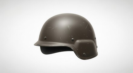 Obraz premium Rugged military combat helmet showcasing a weathered surface texture on a clean white background