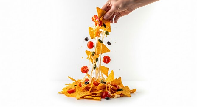 Nachos con queso fundido estirado, mano levantando totopo crujiente con tomates y aceitunas suspendidos, concepto de comida mexicana para fiesta de Cinco de Mayo, fondo blanco.